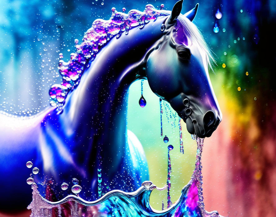 Colorful digital artwork: Horse with water mane on multicolored backdrop