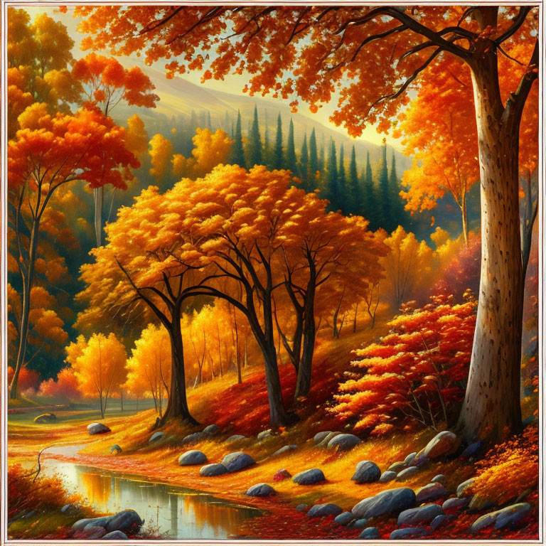 Colorful autumn landscape with river and fallen leaves