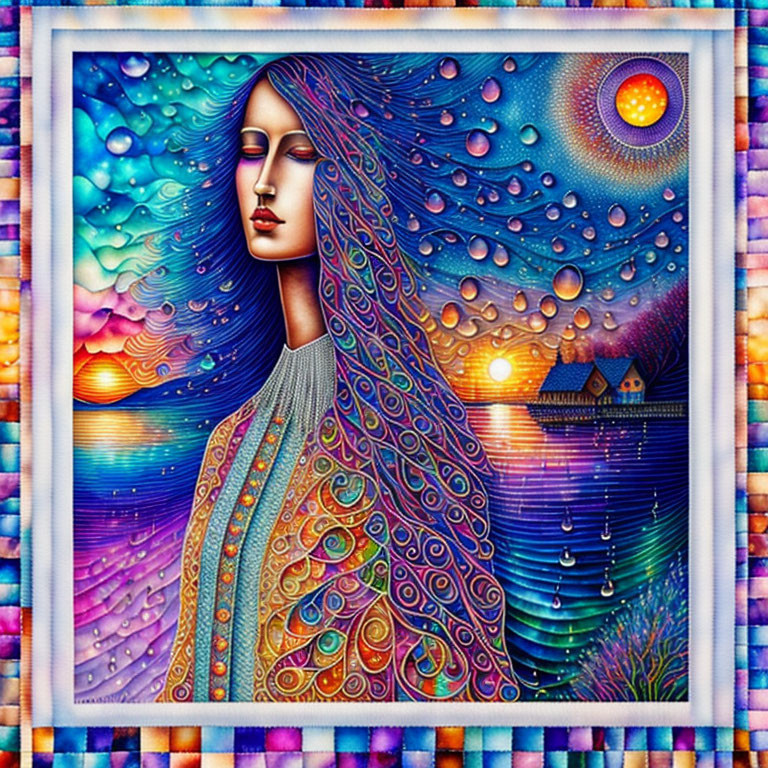 Vibrant woman with flowing hair in night sky scene