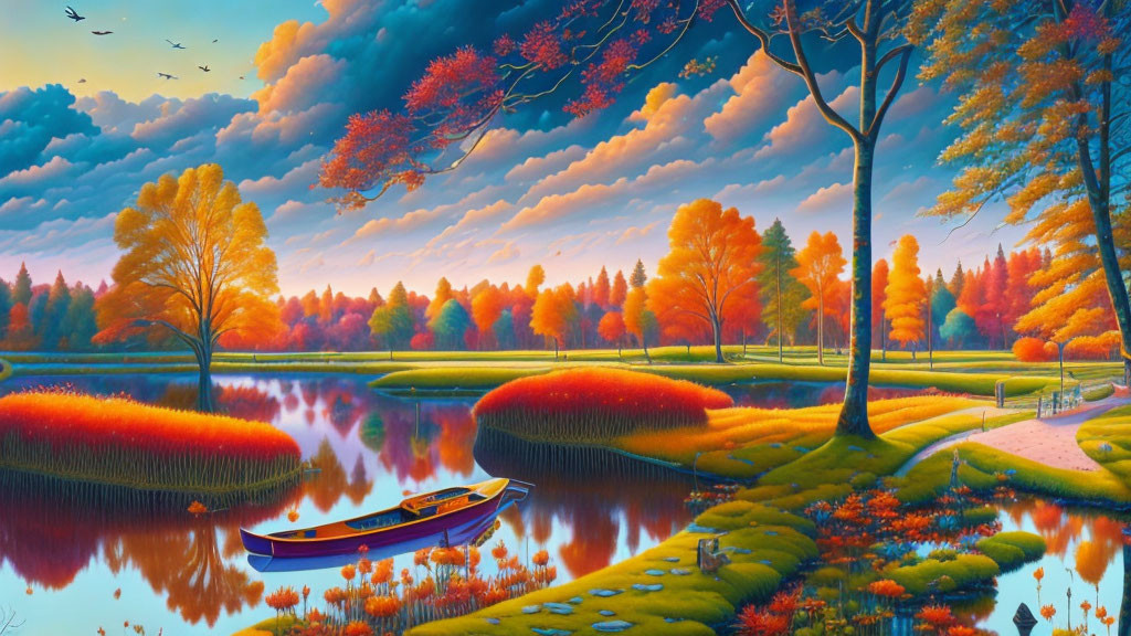 Colorful Autumn Landscape with Trees, Lake, Boat, and Sunset Sky