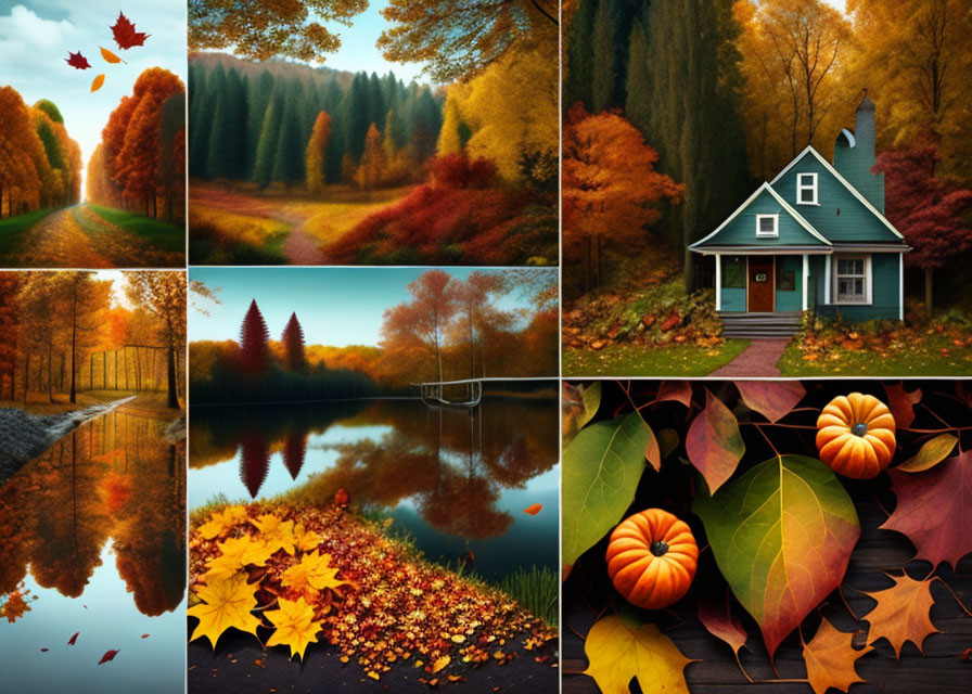 Vibrant Autumn Collage: Tree-lined Road, Cozy House, Tranquil Lake, Leaves