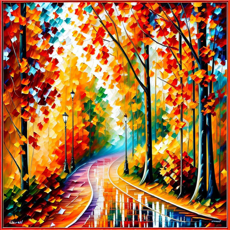 Colorful Painting: Tree-lined Path with Autumn Leaves & Street Lamps