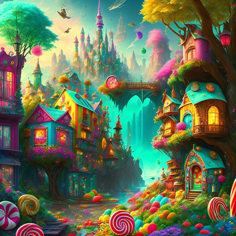 Fantasy landscape with whimsical houses, waterfall, candy decorations, and castle