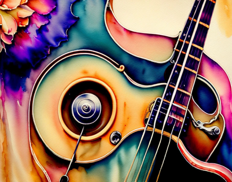 Colorful Abstract Guitar Watercolor Painting with Swirling Patterns