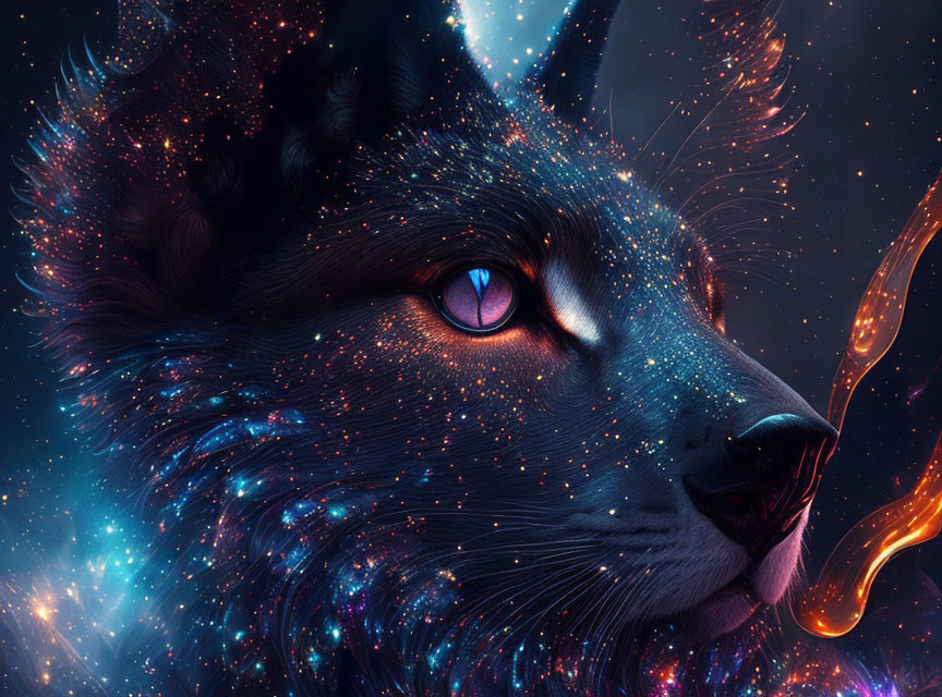 Starry fur cosmic wolf with pink nebula eye in dark space.