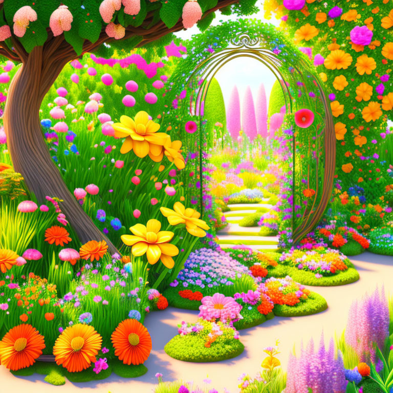 Colorful Garden with Flowers, Tree & Mirror Archway