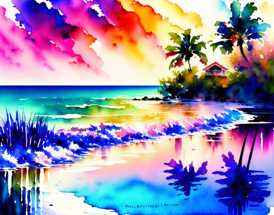 Tropical beach scene watercolor painting with colorful foliage and sunset sky