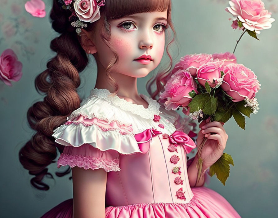 Young girl digital portrait with expressive eyes in pink dress and roses bouquet