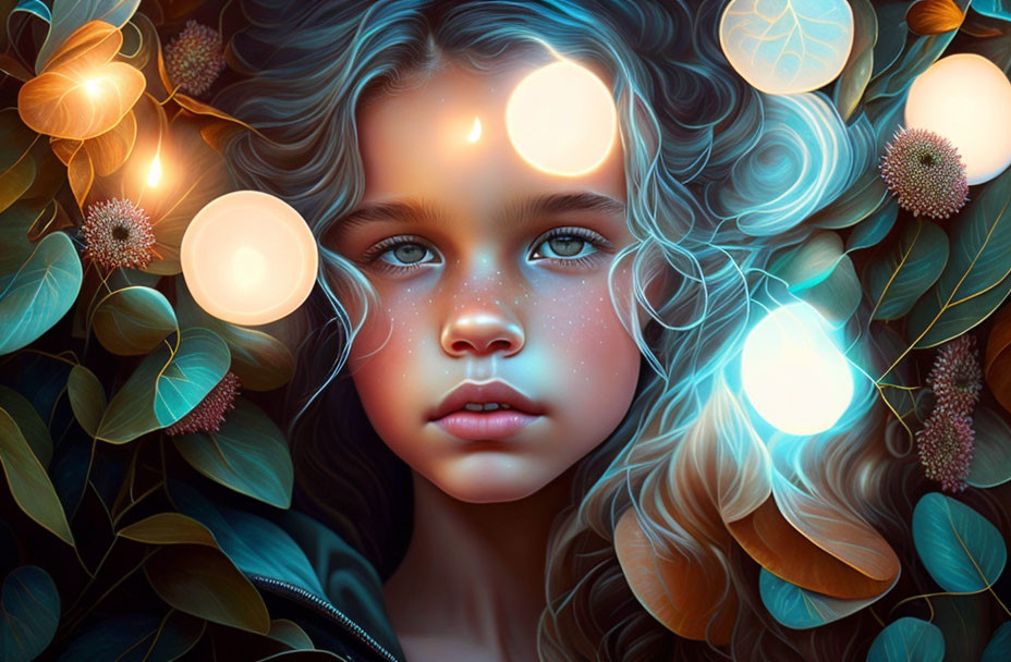 Digital artwork: Young girl with curly hair in mystical setting