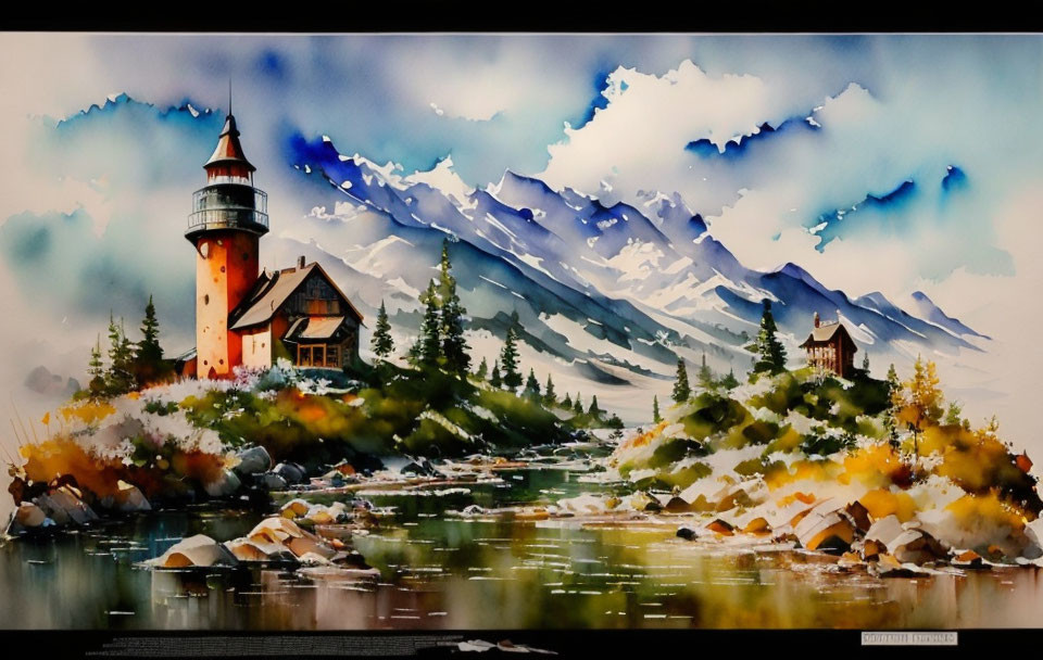 Vibrant Watercolor Painting: Lighthouse, Lake, Cabin, Mountains & Foliage