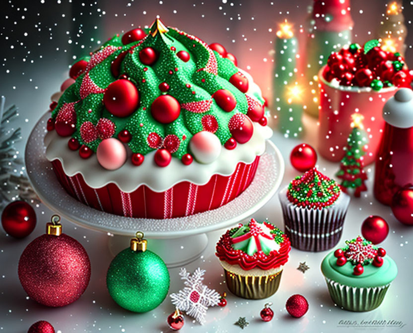 Festive Christmas-themed cupcake centerpiece with green icing and red baubles surrounded by mini cupcakes