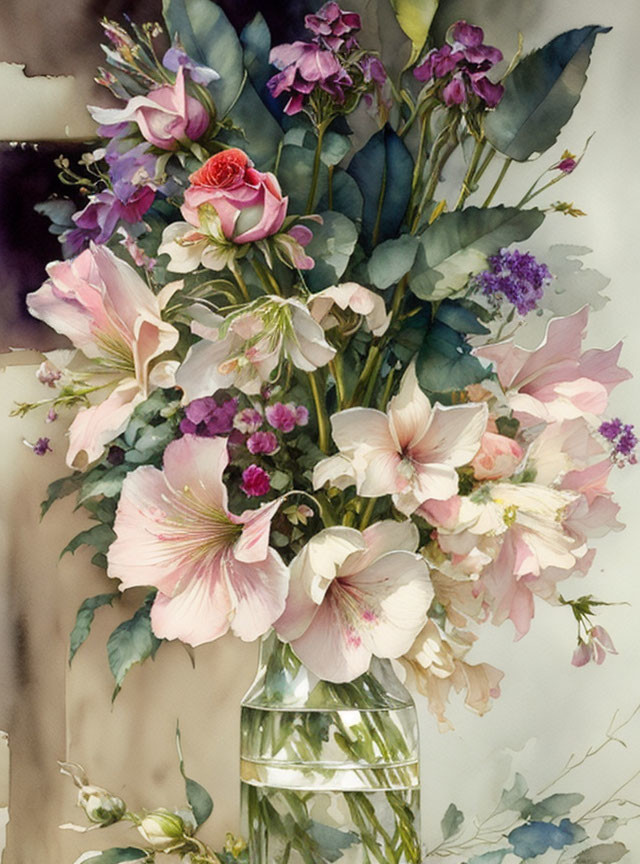 Vibrant bouquet watercolor painting with roses and hibiscus in glass vase