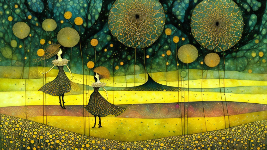 Colorful Artwork: Figures with Umbrella-like Tops in Whimsical Landscape