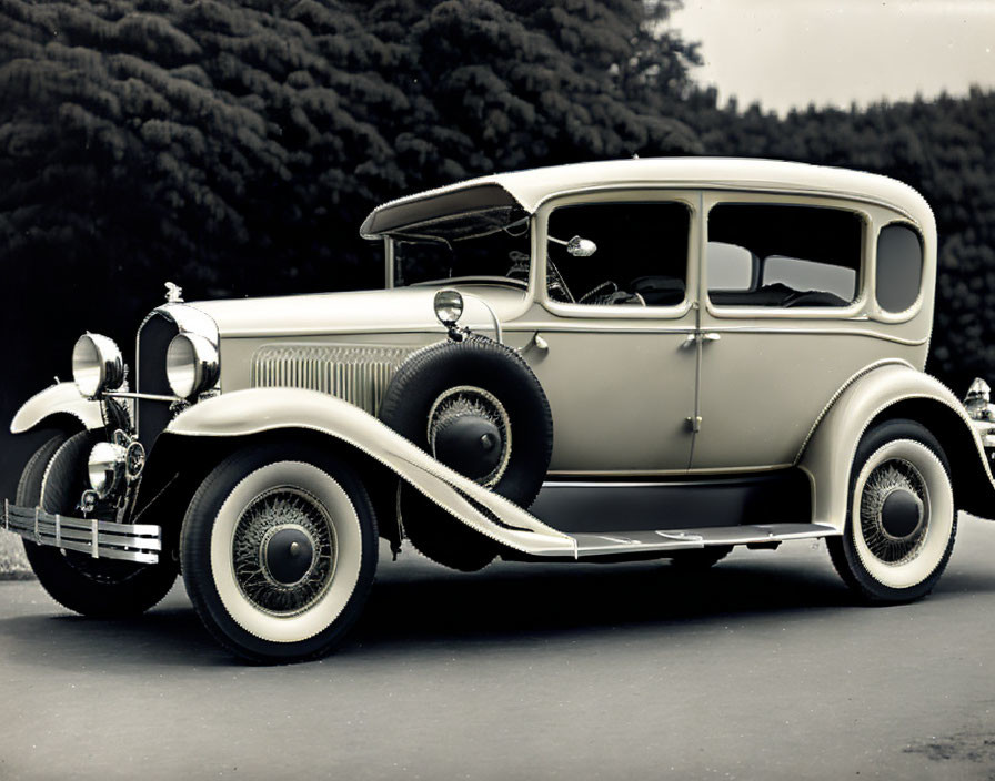 Classic Vintage Car with Spoked Wheels and Chrome Accents parked by Trees