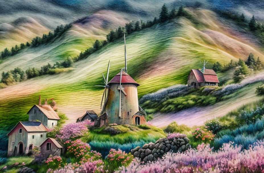 Colorful pastoral scene with windmills, cottages, and lavender fields on rolling hills.