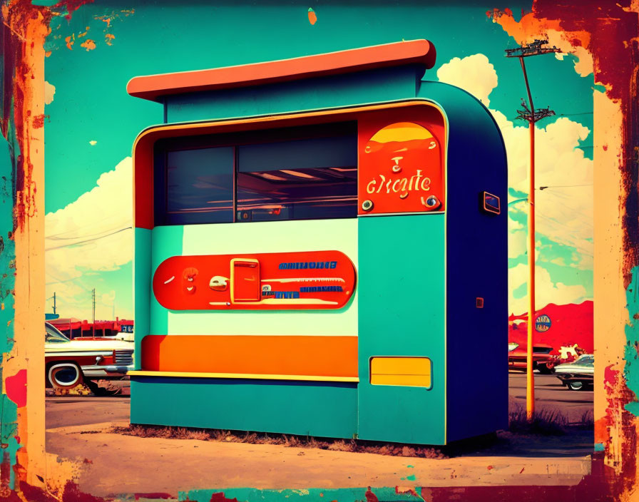 Colorful retro photo: Vintage gas pump and classic car under sunny sky