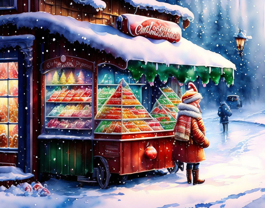 Person in Winter Coat at Colorful Fruit Stall on Snowy Evening