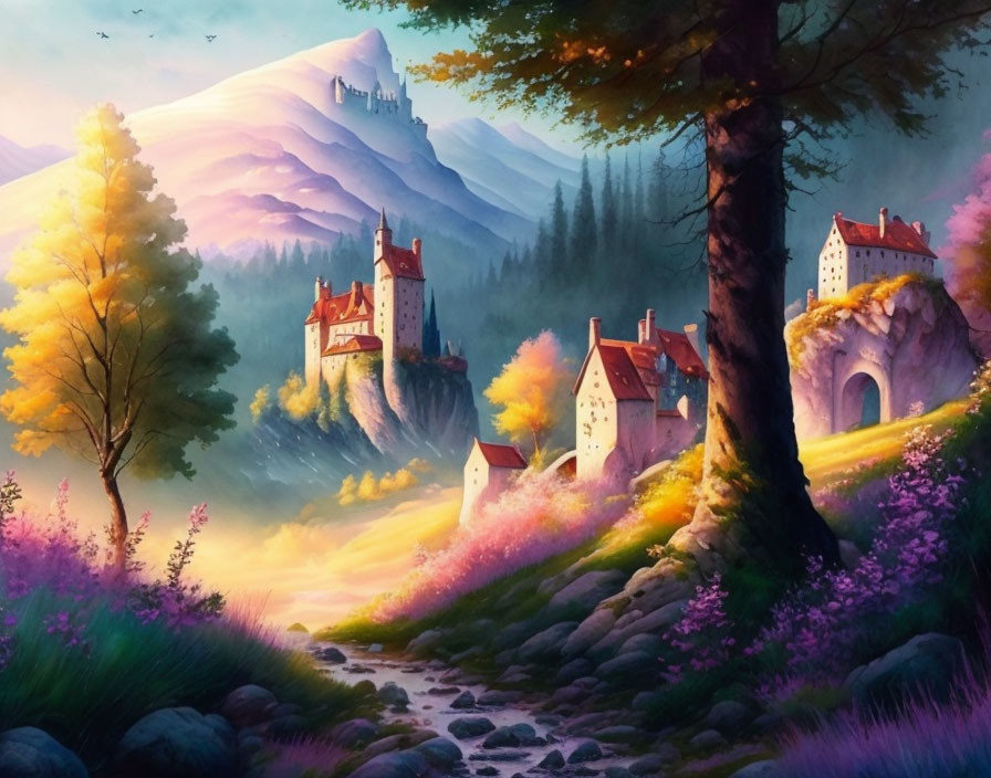 Colorful fantasy landscape with creek, stone path, trees, houses, and distant castle