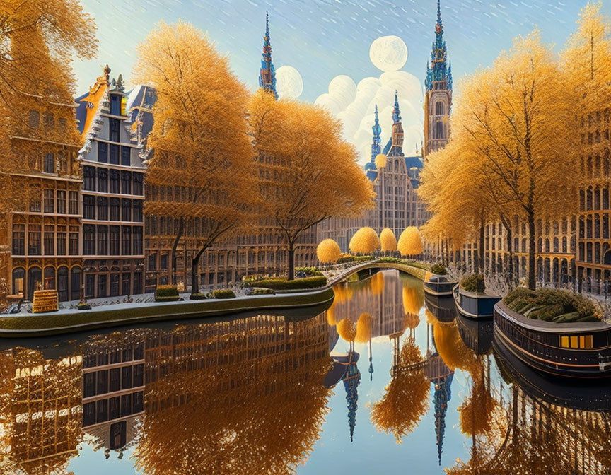 Fantastical autumn cityscape with reflective canals and multiple moons