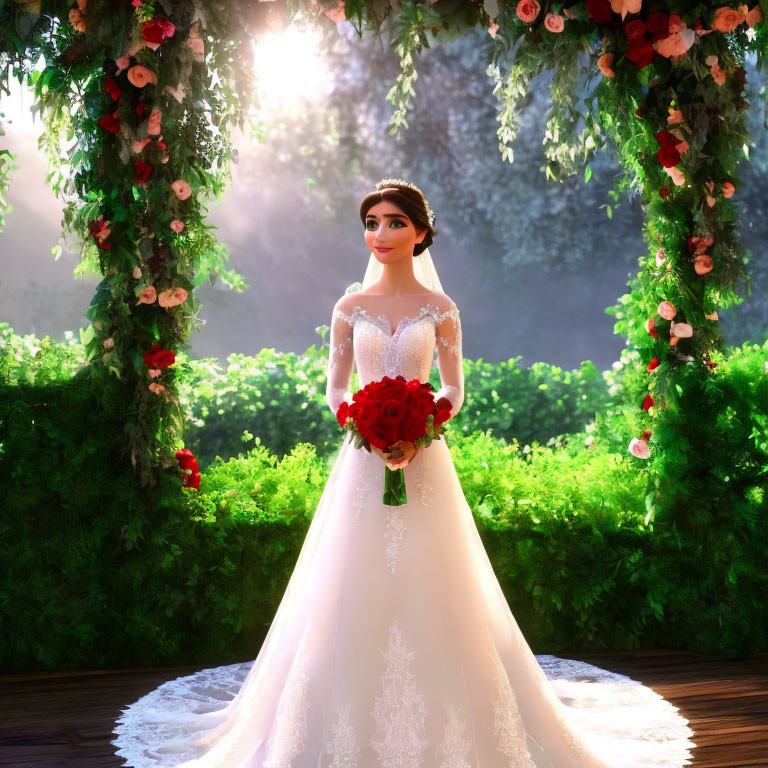 White-gowned animated bride with red bouquet under floral arch