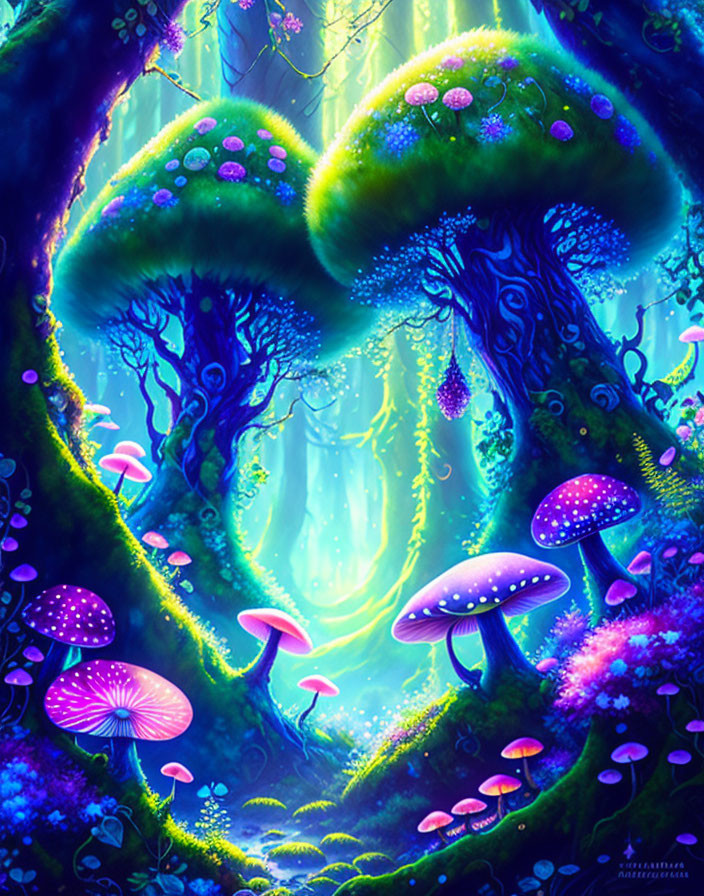 Fantasy forest with glowing mushrooms and mystical light in blue and purple