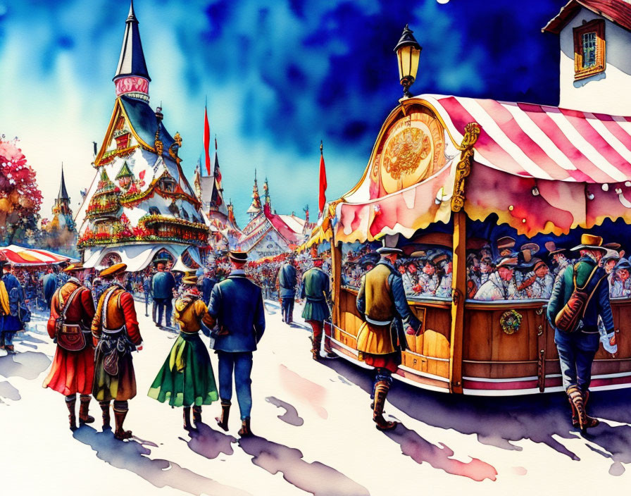 Festive market watercolor with traditional costumes and merry-go-round