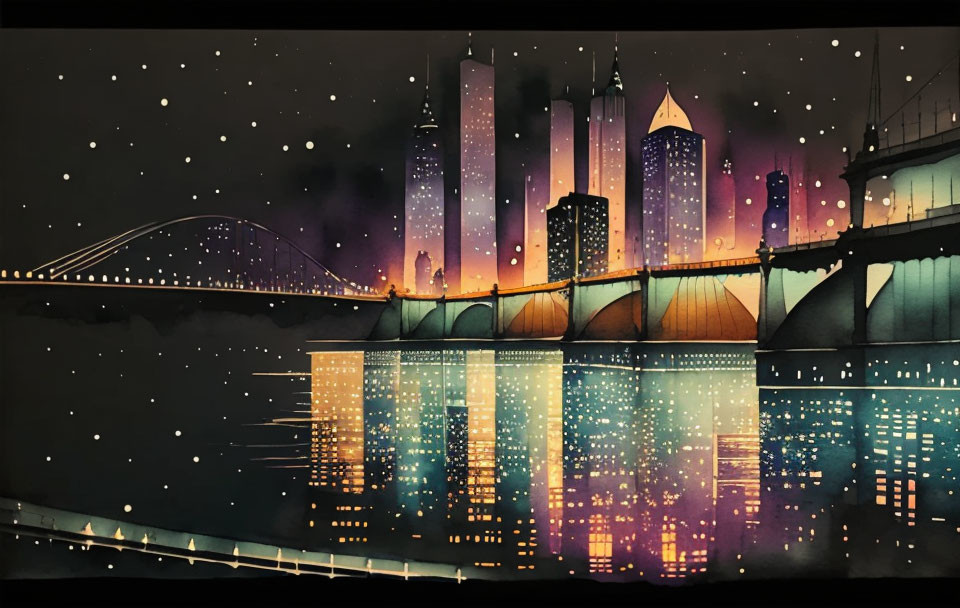 City skyline watercolor painting: night scene with illuminated buildings, bridge, and starry sky