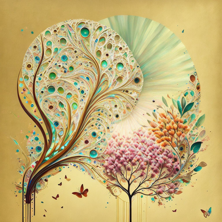 Vibrant digital artwork: Two trees with peacock feather canopies and butterflies.