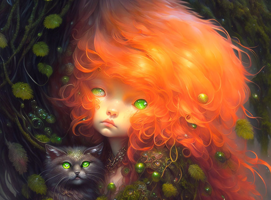 Illustration: Girl with fiery orange hair and green-eyed mystical cat