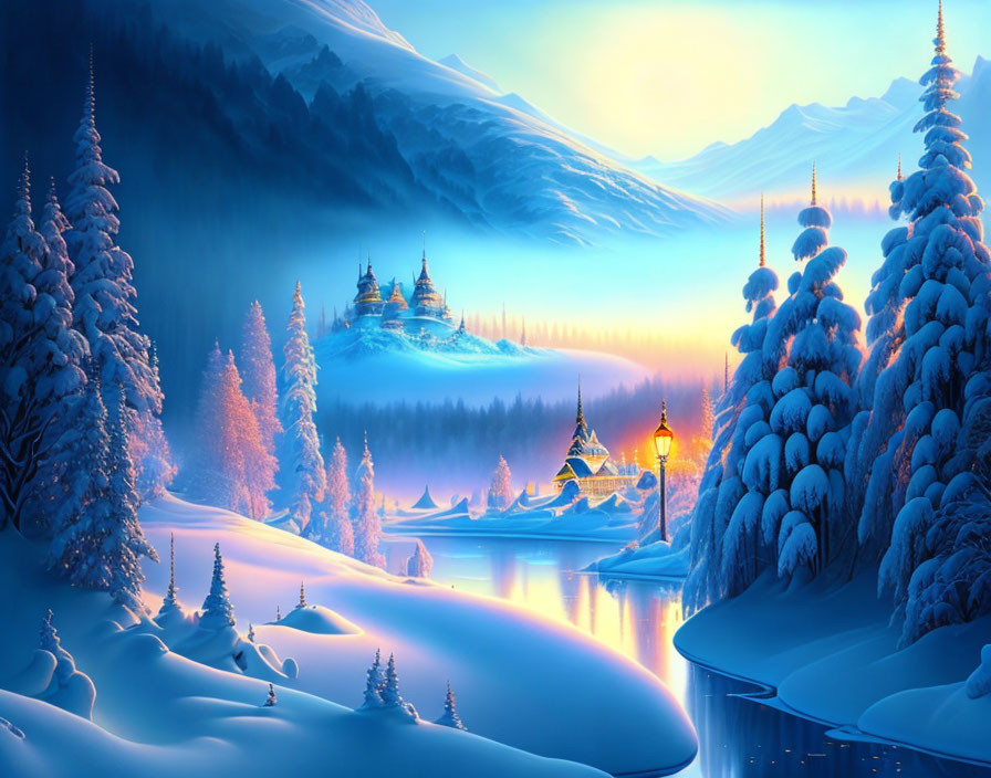 Snow-covered trees, serene river, illuminated buildings, and mountains under twilight sky