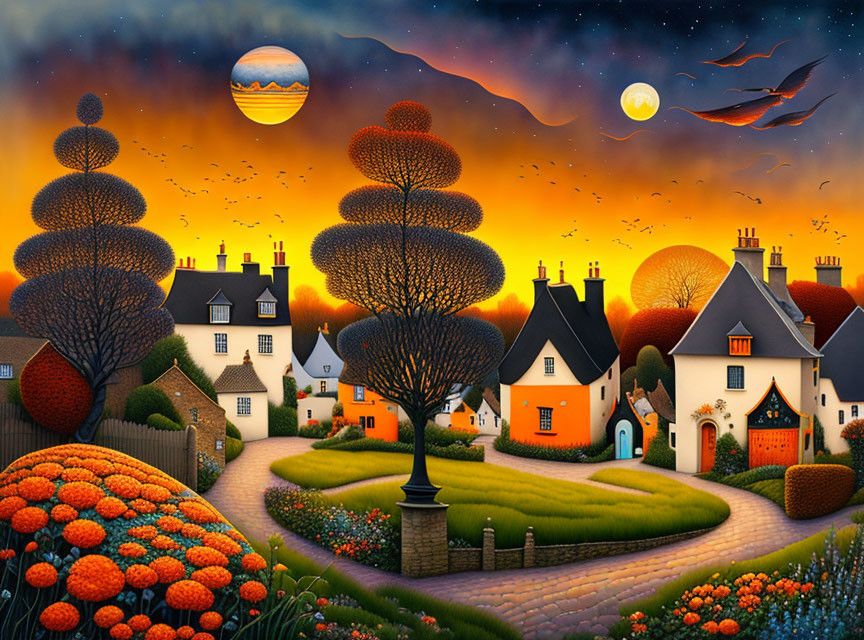 Vibrant dusk landscape with stylized trees, houses, lunar phases, and colorful garden