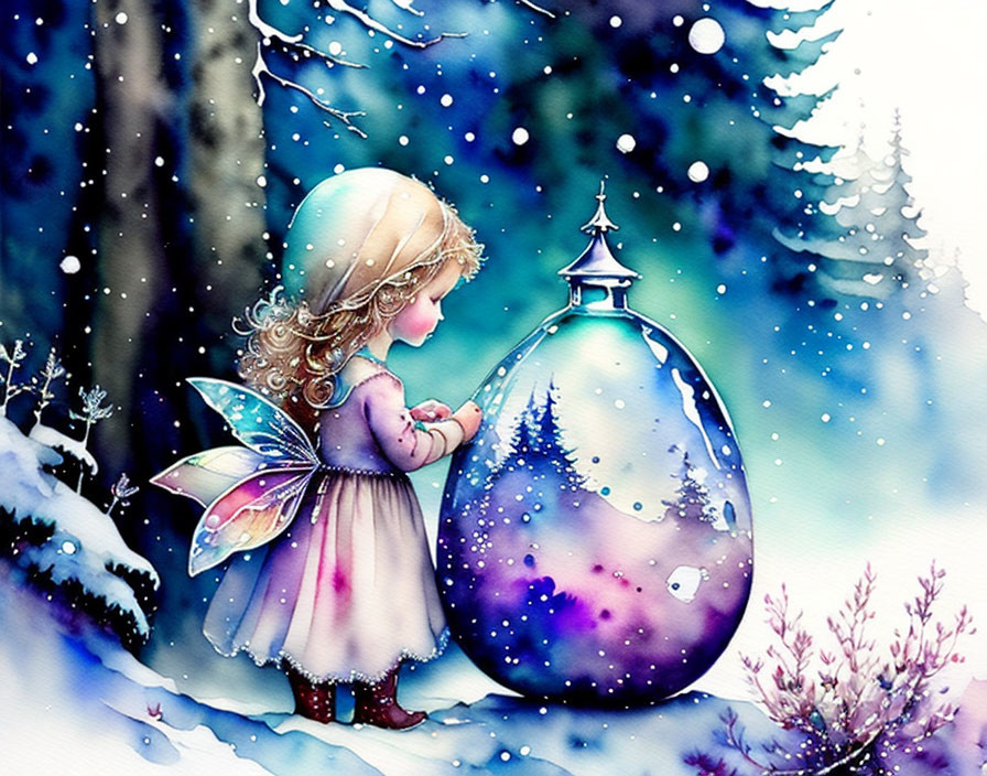 Illustration of fairy-tale girl with wings and magical snowy landscape bottle