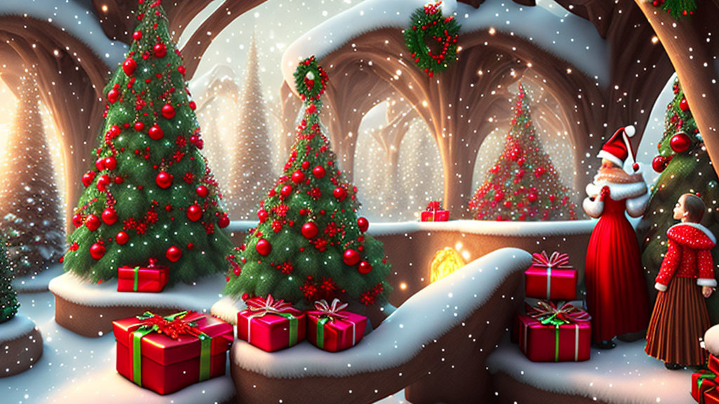 Christmas-themed scene with Santa Claus, presents, snow, and decorated trees