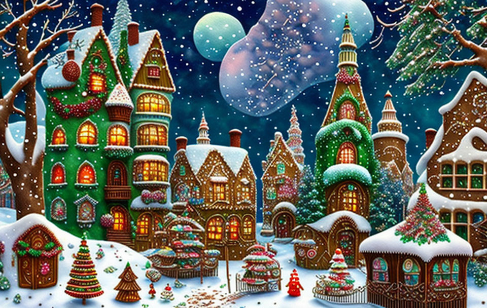 Whimsical winter village with colorful houses & starry sky