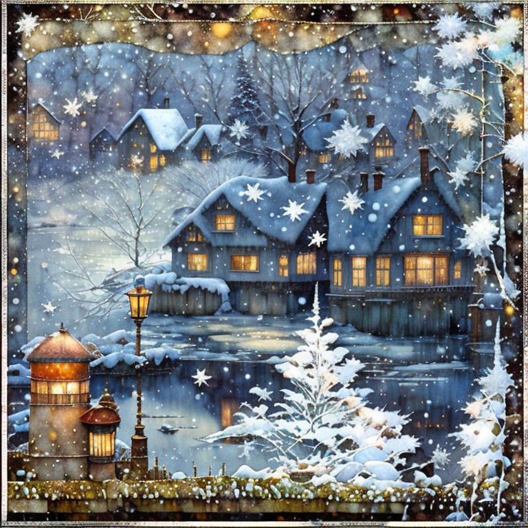 Snow-covered village with illuminated houses and falling snowflakes by frozen river