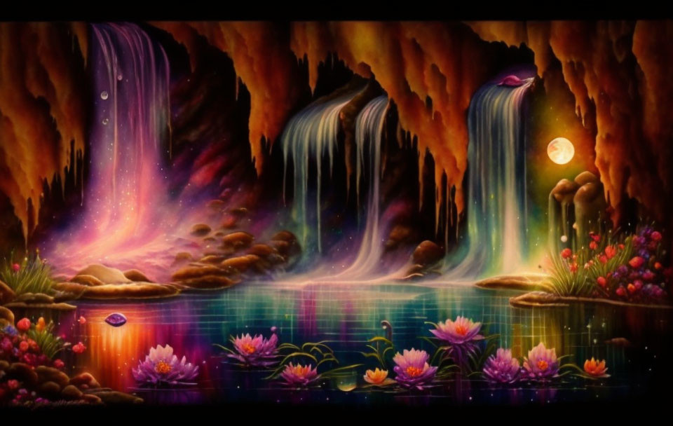 Fantasy artwork: Waterfalls, lotus lake, starry sky