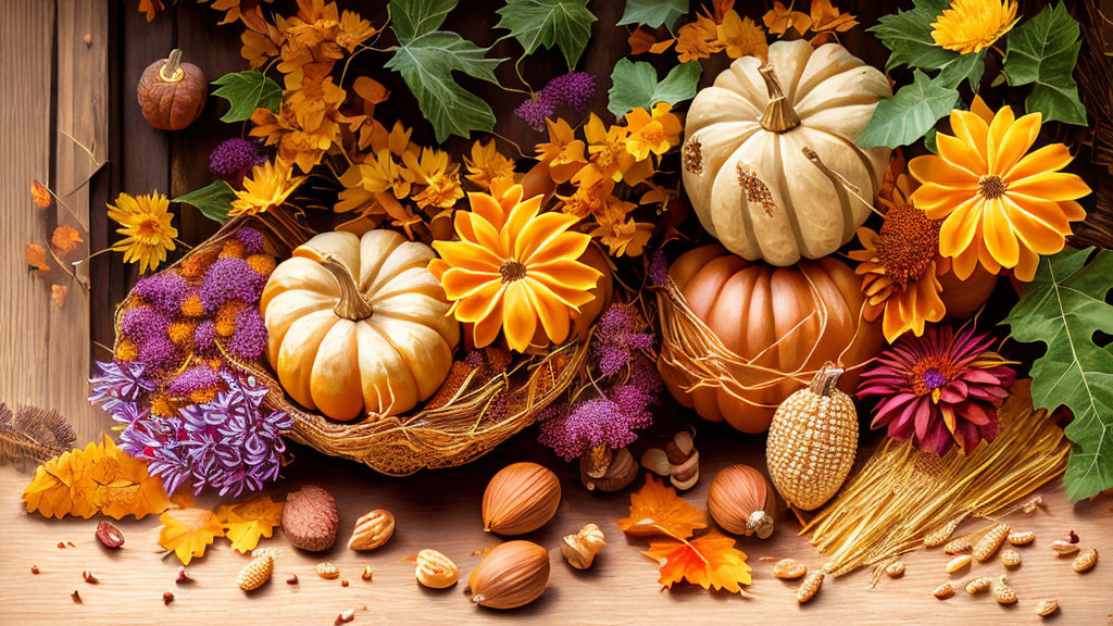 Seasonal Still Life with Pumpkins, Nuts, Flowers, and Leaves on Wooden Background