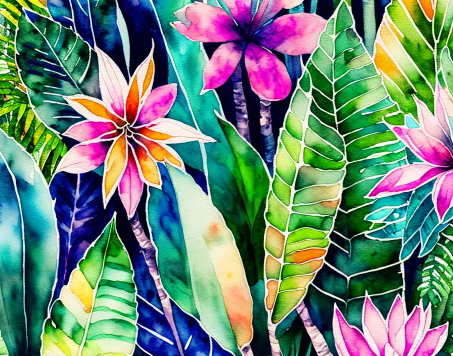 Colorful Watercolor Painting of Tropical Flora with Pink Flowers and Green Leaves