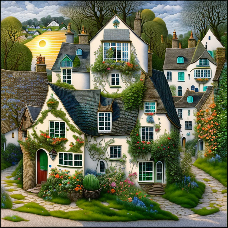 Charming village scene with stylized houses and lush greenery