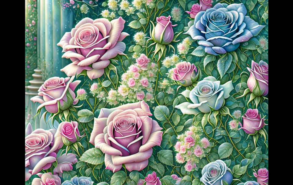 Colorful Illustration of Pink, Blue, and White Roses on Column Background