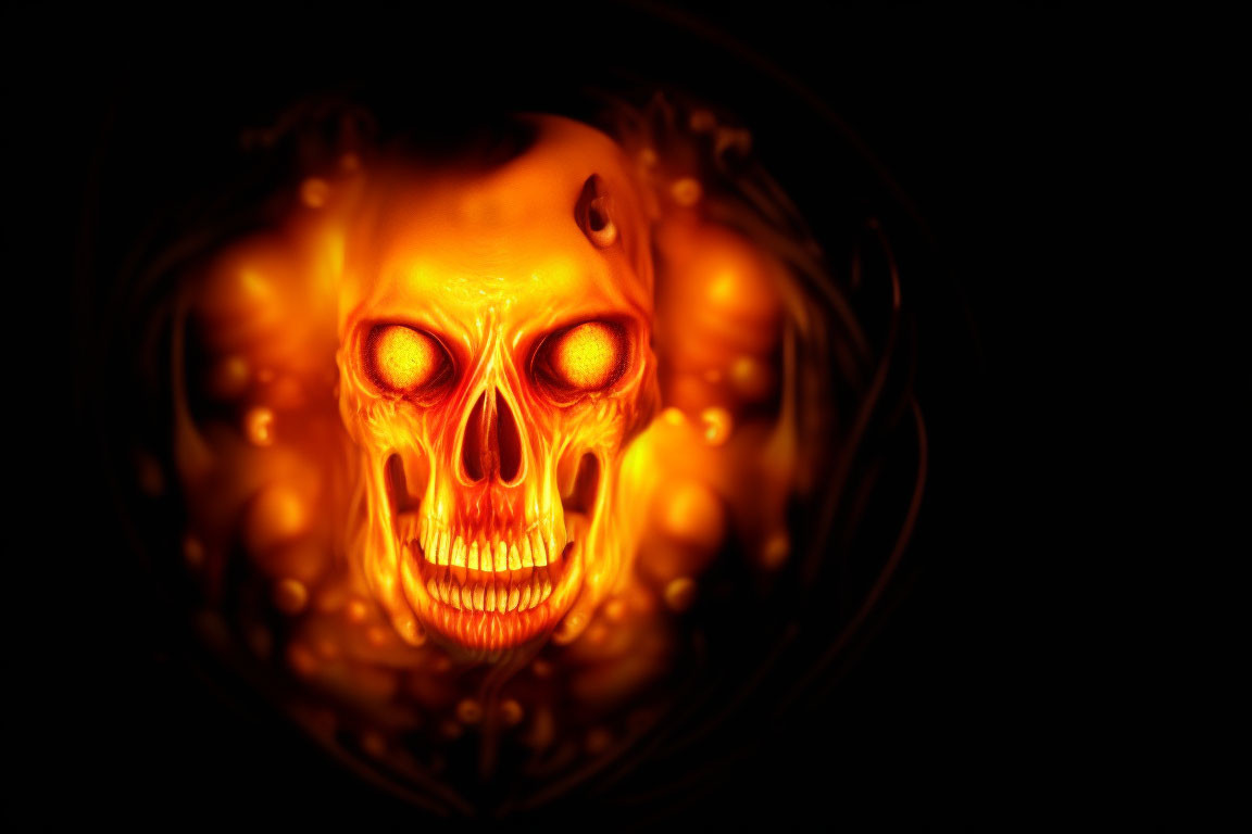 Sinister fiery skull with glowing eyes in darkness