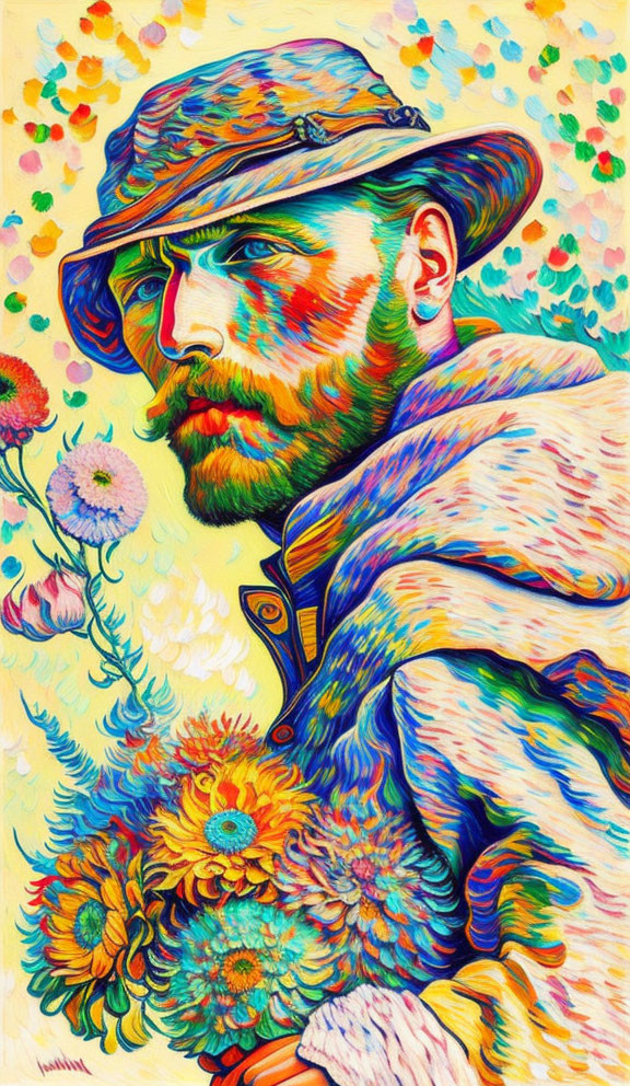 Colorful portrait of bearded man with flowers in psychedelic art style