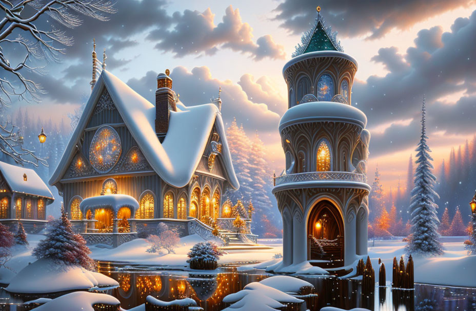 Winter fairy-tale scene: ornate cottage, tower, snow-covered trees, frozen pond, twilight