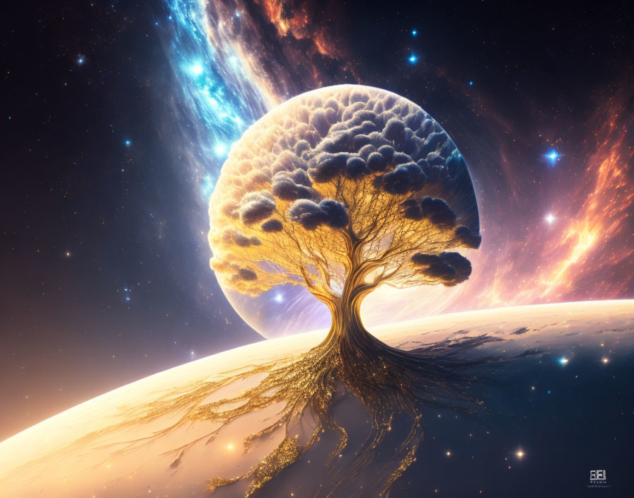 Colossal tree with cloud-like foliage on a planet against cosmic backdrop