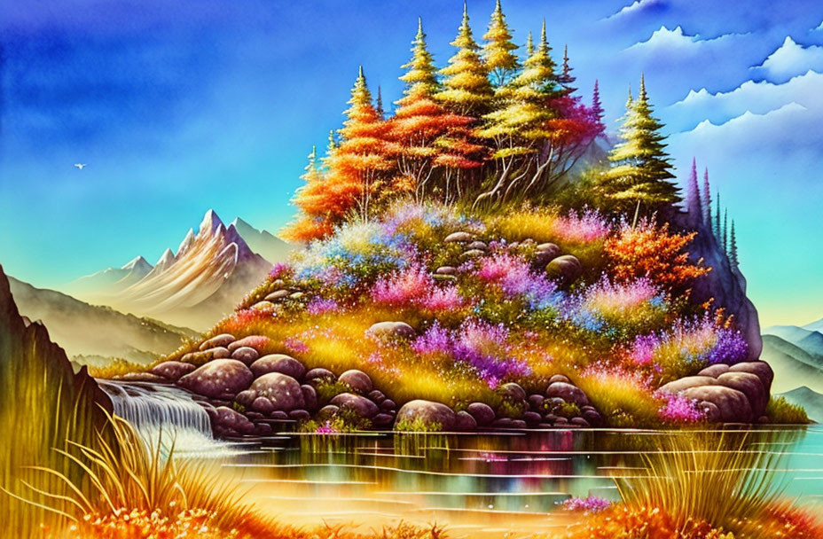 Colorful landscape painting: trees, waterfall, lake, mountains, clear sky