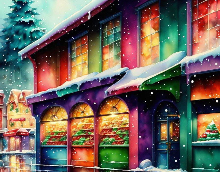 Vibrant winter storefront scene with Christmas decorations