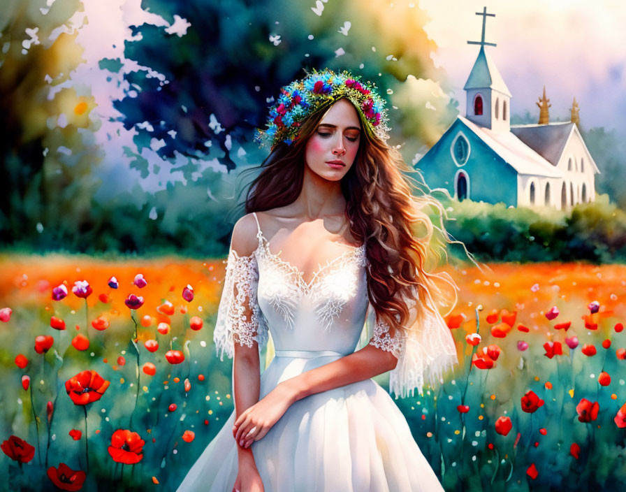 Woman in white dress amidst poppy field with church in colorful landscape