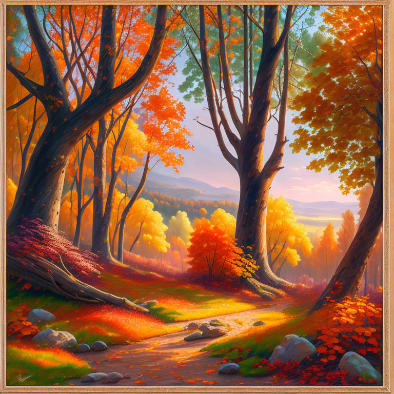 Scenic autumn landscape with winding path, colorful trees, sunlight, and distant hills