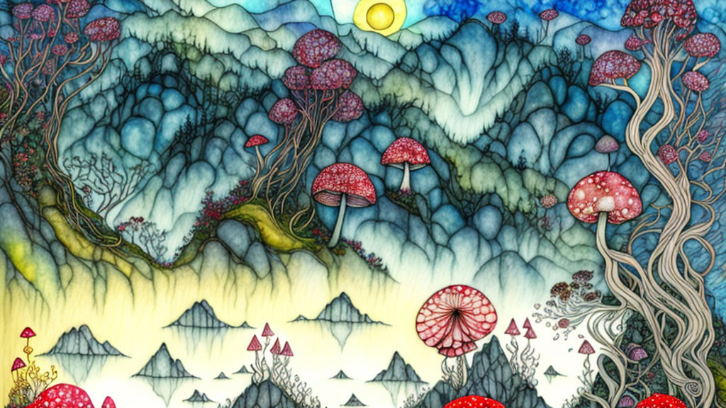 Colorful landscape with mushroom trees and undulating hills under celestial body