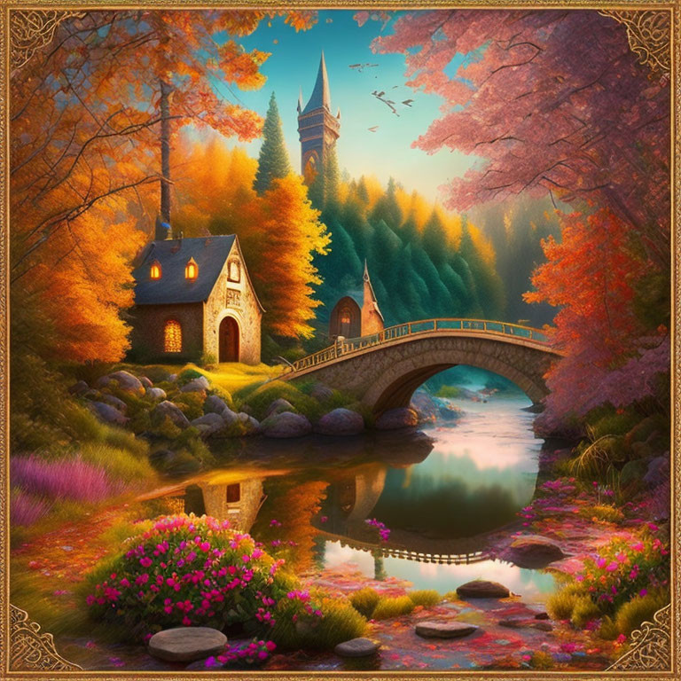 Vibrant autumn fantasy landscape with cottage, stream, bridge, and castle tower